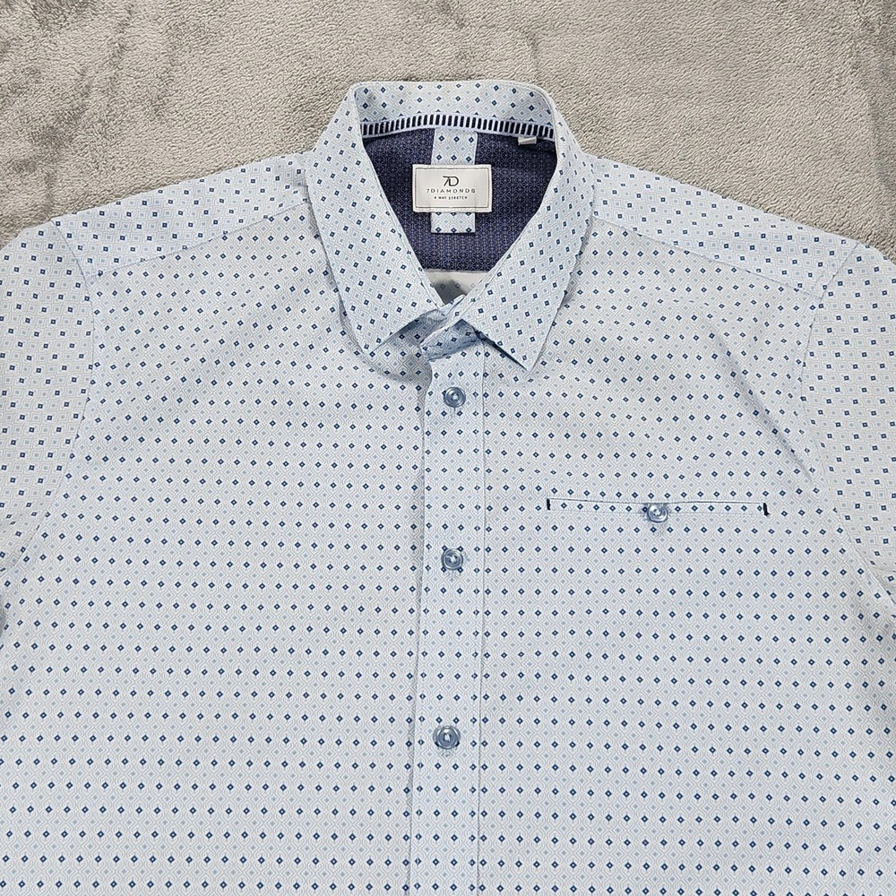 7Diamonds Shirt Mens Large Blue Geometric Short Sleeve Button Up 4 Way Stretch‎